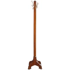 Vintage Industrial Mission Mahogany Coat Rack / Stand with Brass Hooks