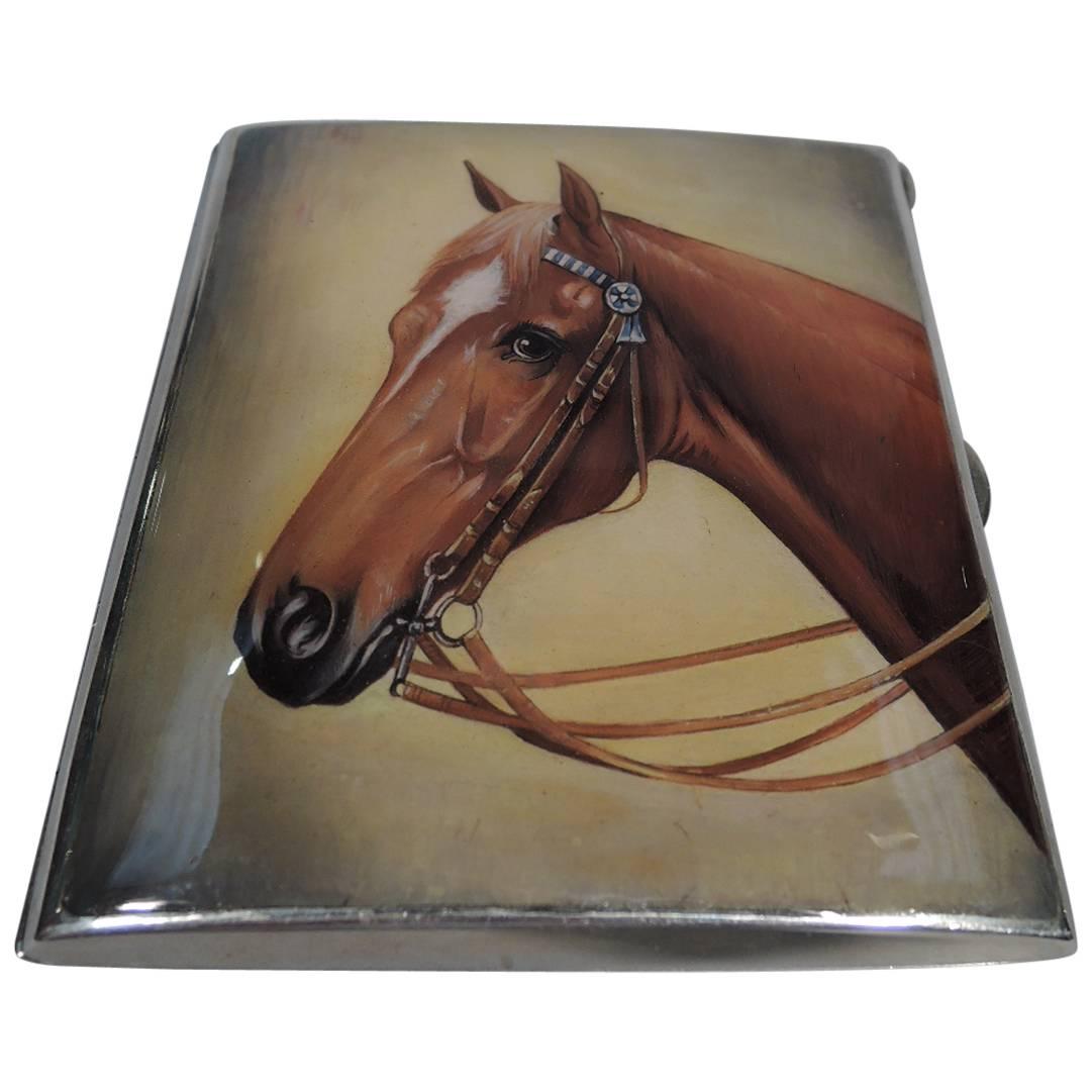 Antique Swiss Silver and Enamel Cigarette Case with Horse