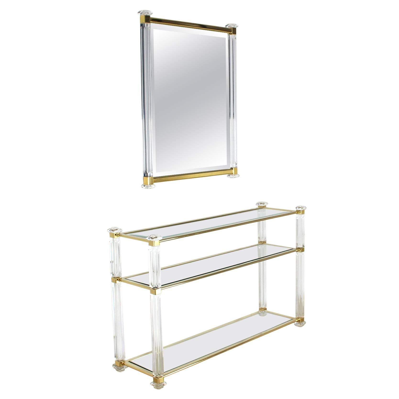 Lucite and Brass Console Table and Matching Mirror