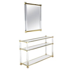 Lucite and Brass Console Table and Matching Mirror