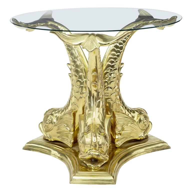Seltener Couchtisch, 1950er, Massiver Messingguss, Karpfen, Glasplatte 1