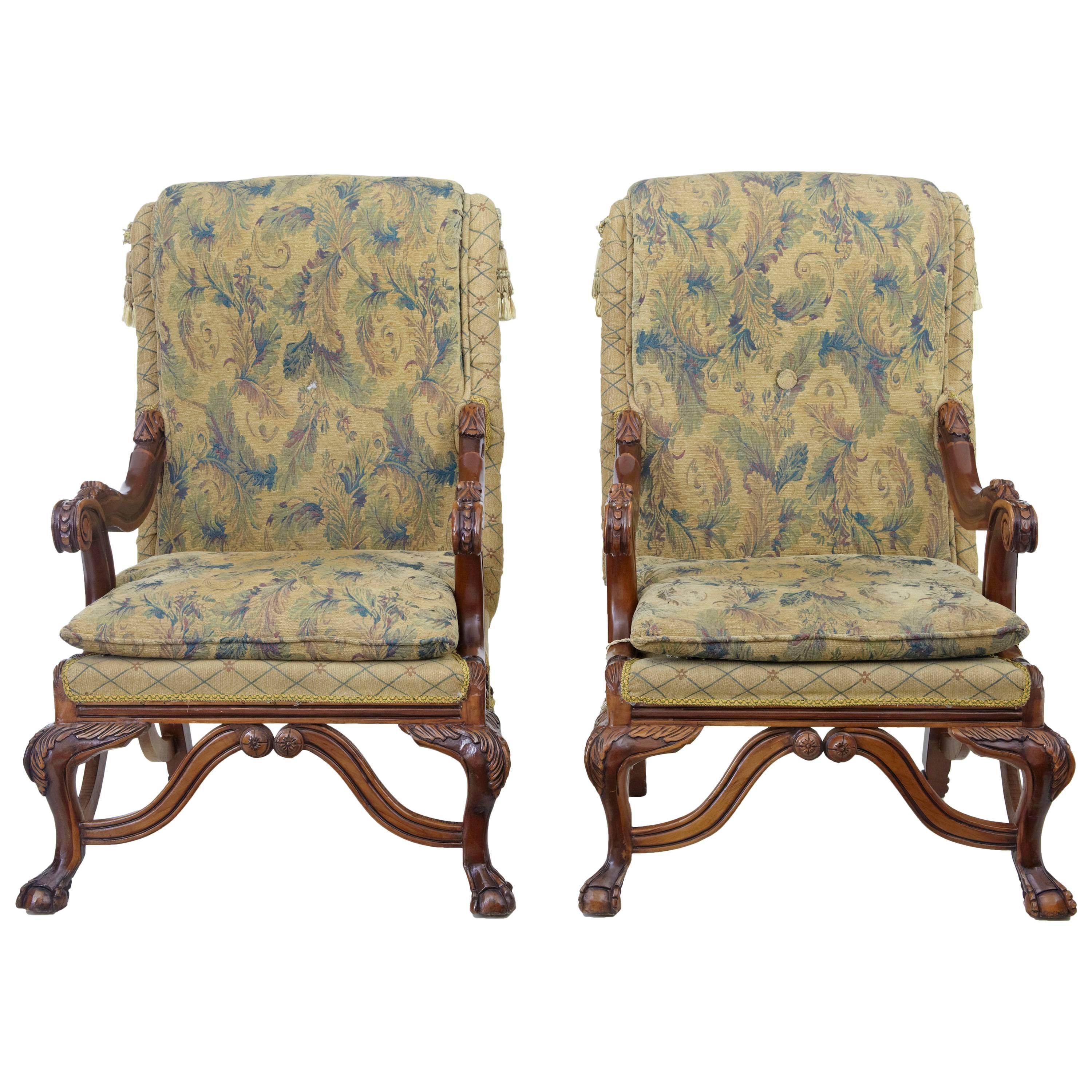 Large Pair of Carved Hardwood Throne Armchairs