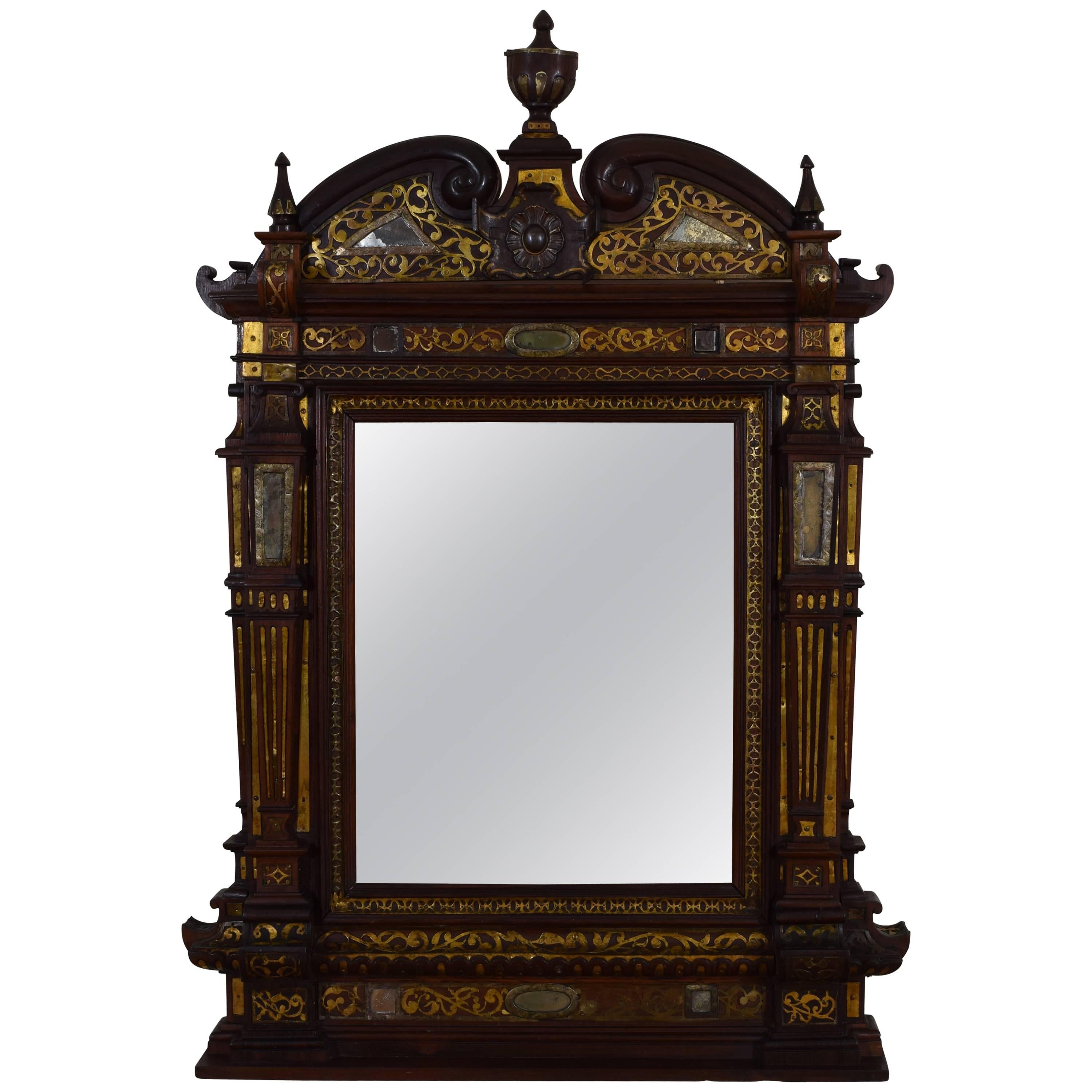 Italian, Probably Venice, Rosewood and Brass Decorated Mirror, 19th Century
