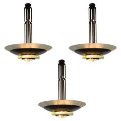 Three Large and Important French Art Deco Glass and Brass Chandelier 2