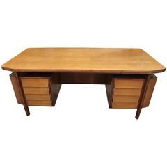 Modern Italian Gio Ponti Style Double Pedestal Desk Blonde Wood