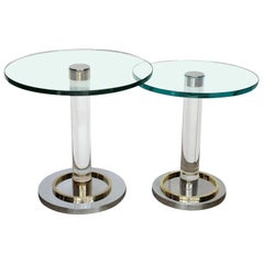 2 Charles Hollis Jones Stair-Stepped Lucite, Glass, Brass and Chrome Side Tables