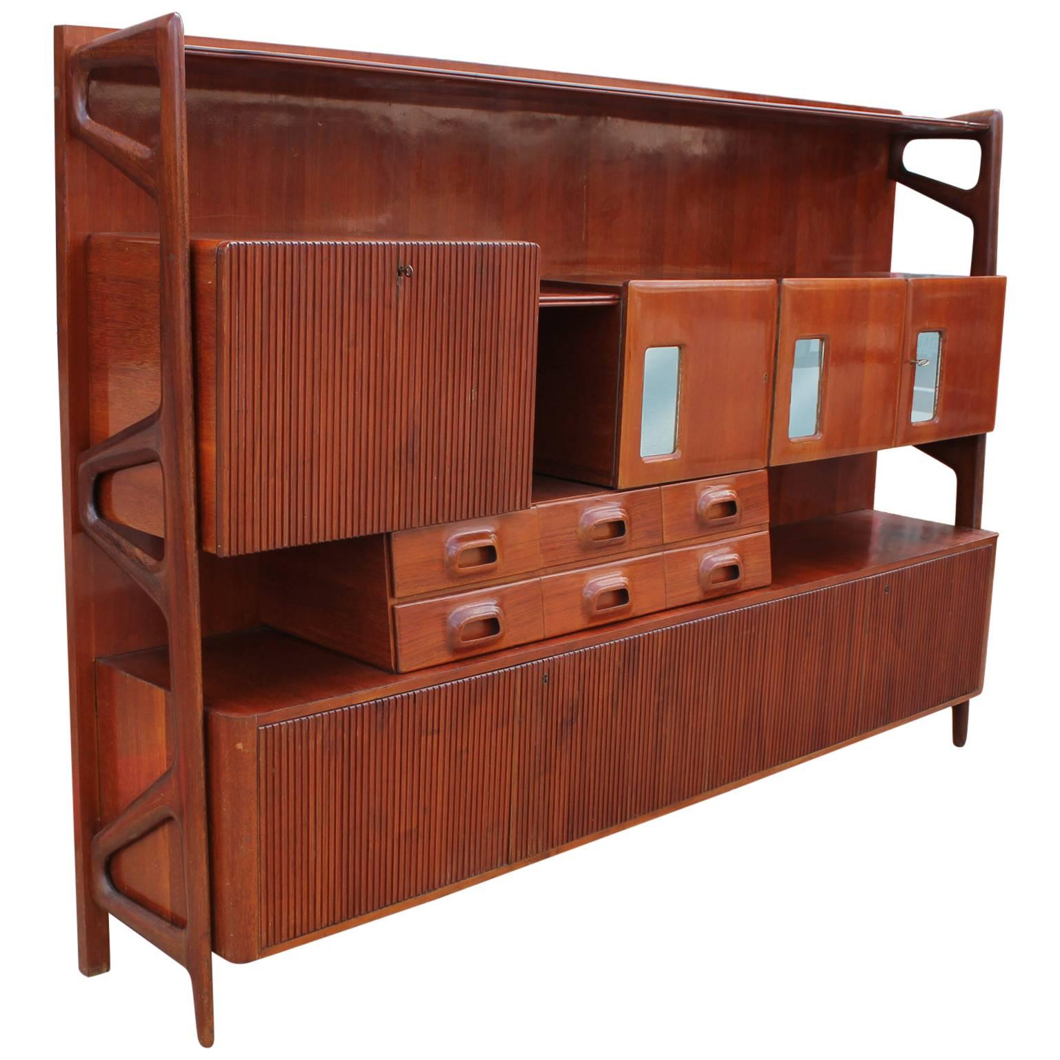 Large Modern Italian Sculptural Rosewood Wall Unit or Sideboard