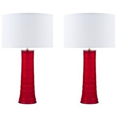 Pair of Cherry Red Murano Mirrored Glass Table Lamps