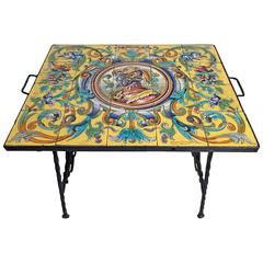 Antique Hand-Wrought Iron Table with Spanish Ceramic Tile Top