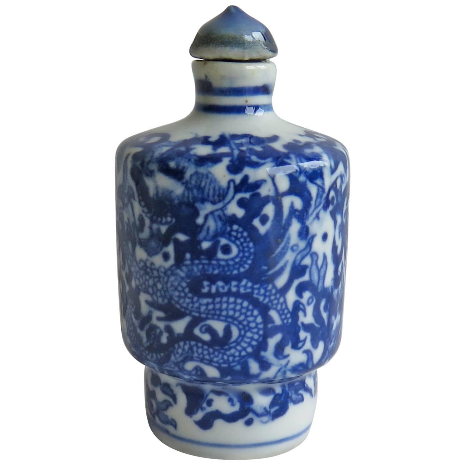 Chinese Porcelain Snuff Bottle Blue and White Hand-Painted Dragons, circa 1925