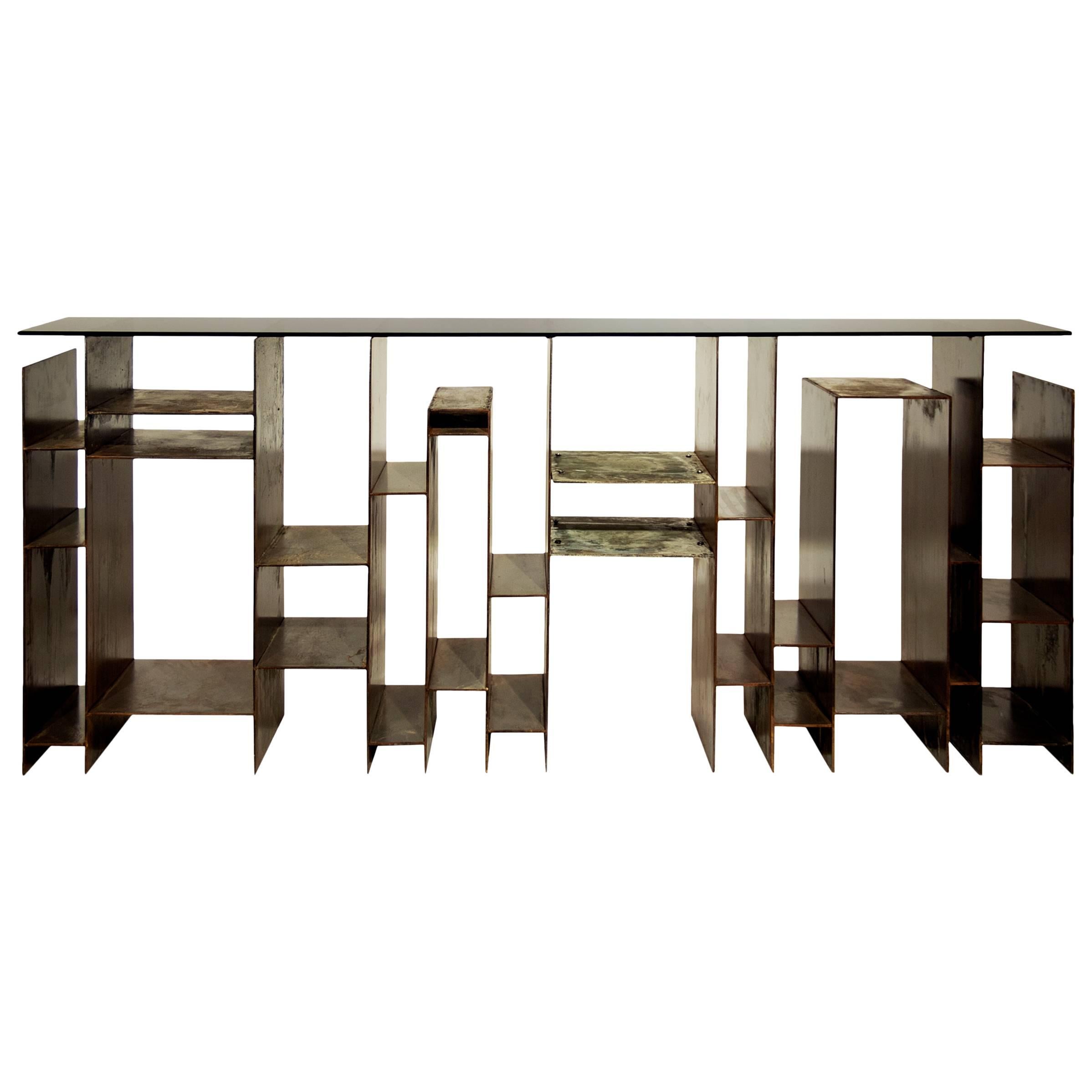 Acid Iron Console Table Bronze Glass Top and Iron