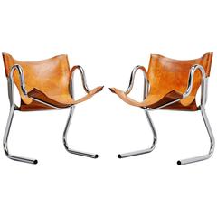 Italian Pair of Armchairs in Cognac Leather, 1970