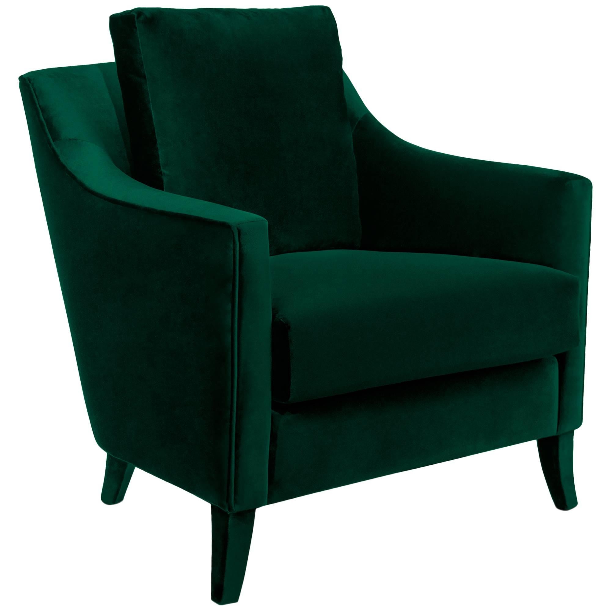 British Green Armchair covered with Velvet For Sale