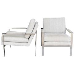 Pair of Flat Bar Chrome and Upholstered Lounge Chairs Manner Milo Baughman