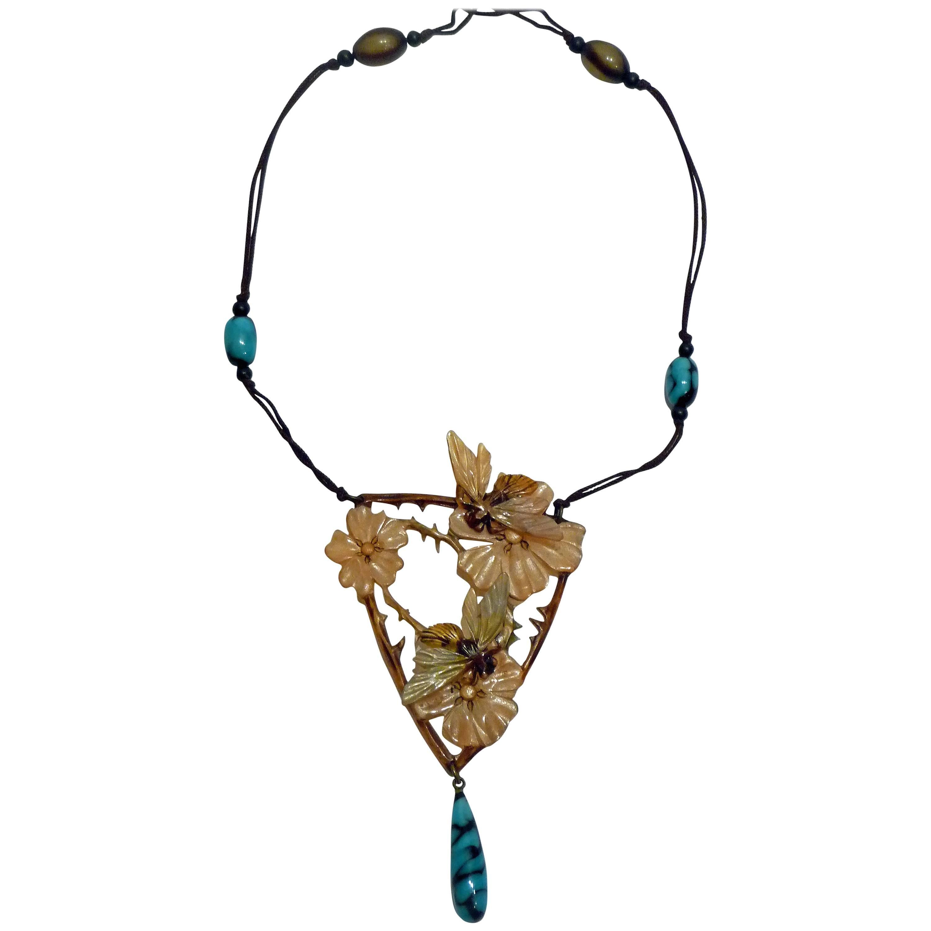 Elisabeth Bonté, an Art Nouveau Horn and Glass Beads Pendant, Signed For Sale