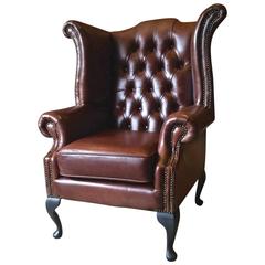 Antique Style Armchair Wingback Button-Back Brown Leather Chesterfield
