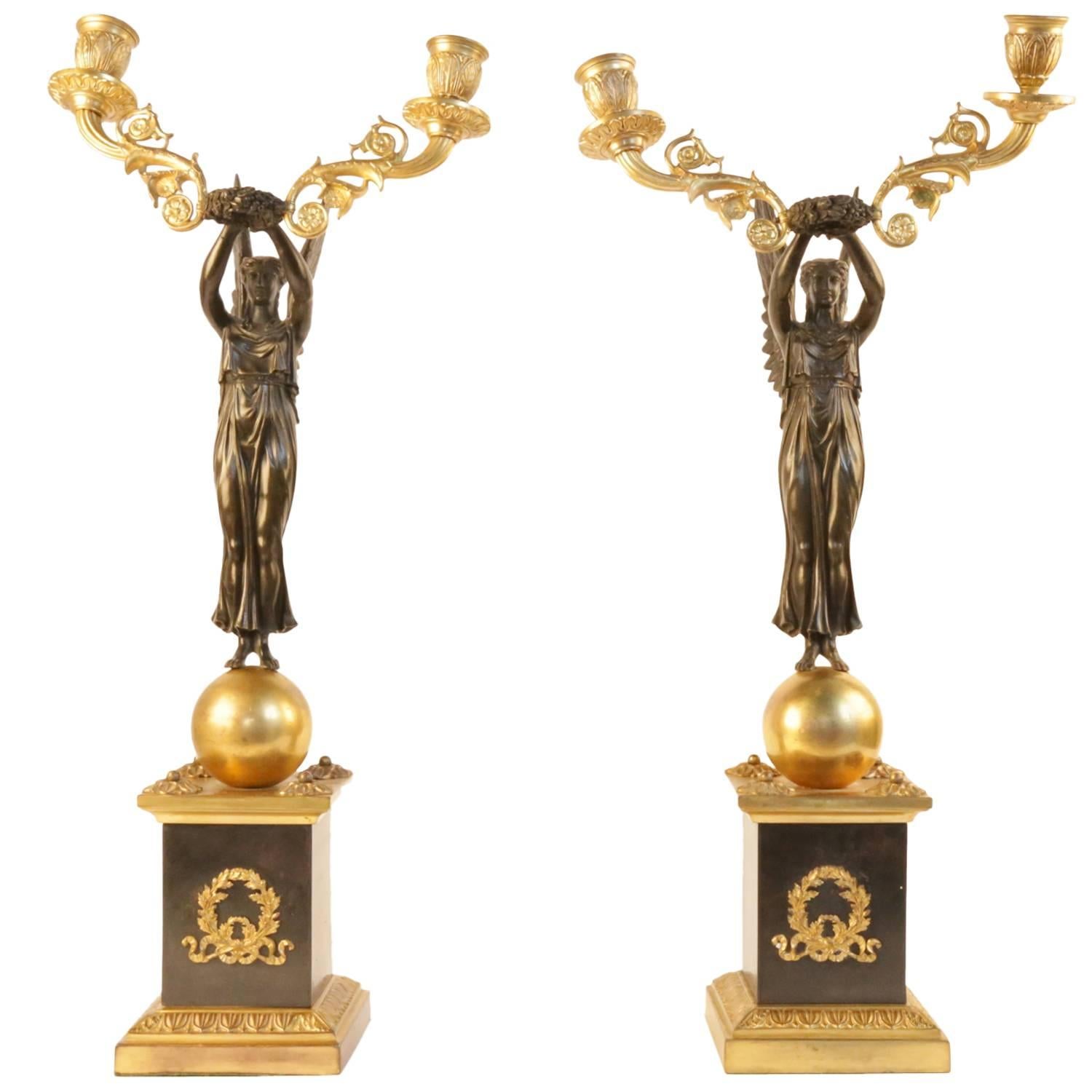 Pair of Early 19th Century Empire Bronze and Gilt Candelabra For Sale