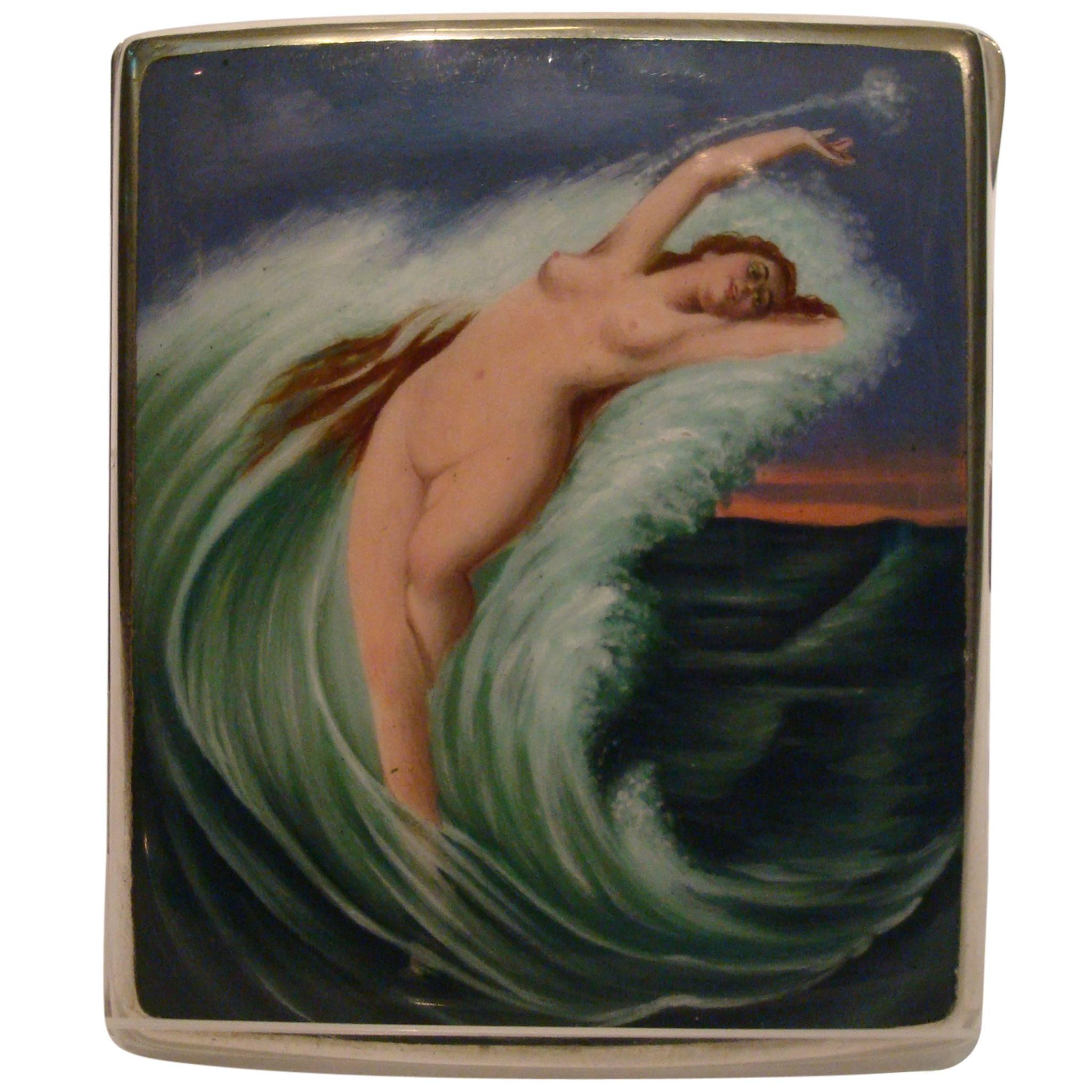 Erotic Silver and Enamel Nude Woman, Mermaid Cigarette Case Box