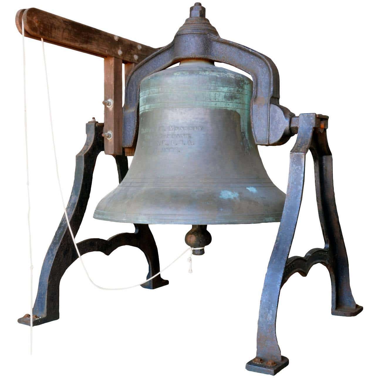 Early American Solid Bronze Bell with Decorative Cast Iron Support