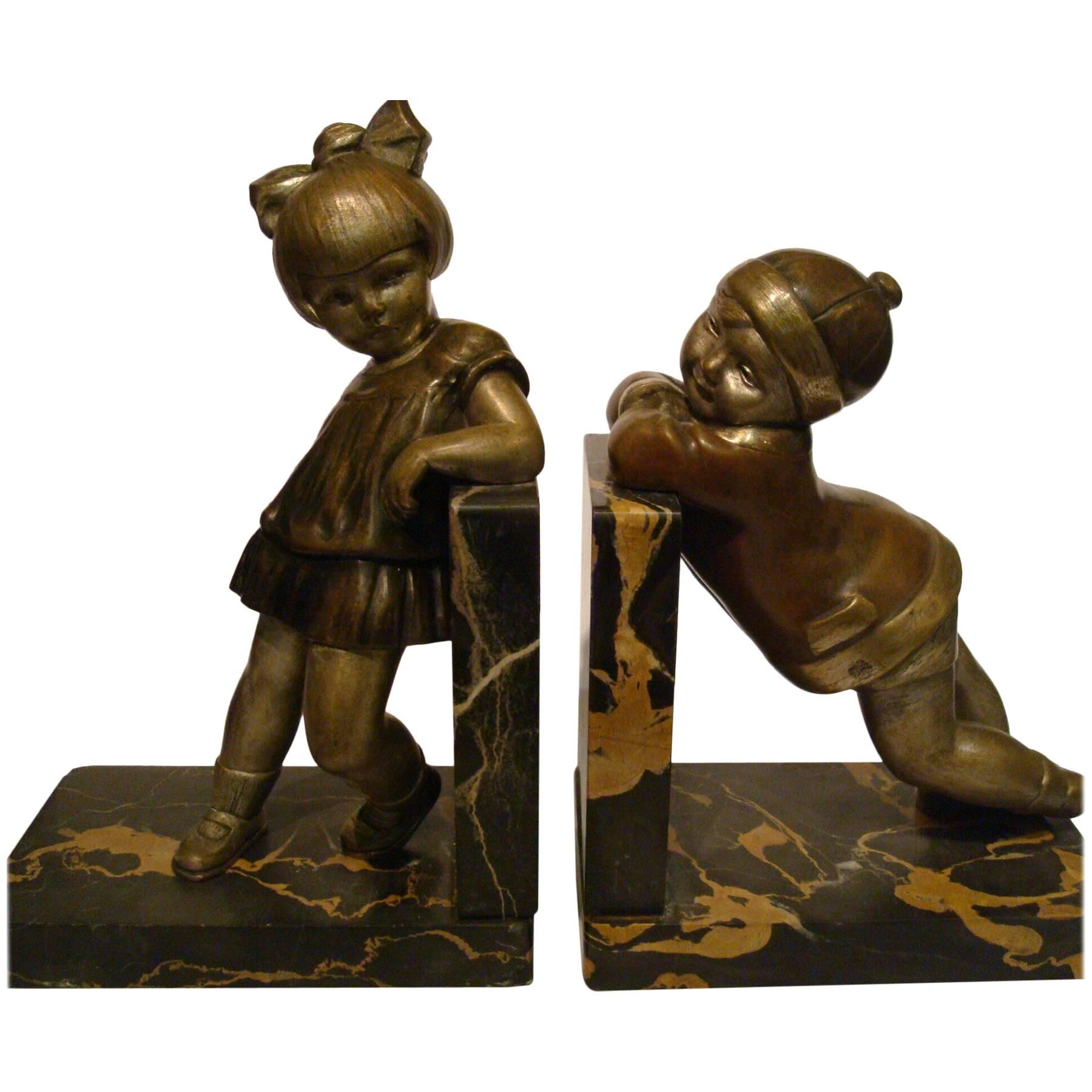Art Deco Bronze Child Bookends by Alexandre Kelety, France, circa 1930