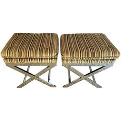 Striking Pair of Modernist Italian Chrome X-Base Benches