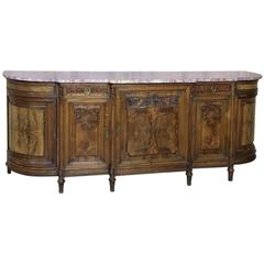 19th Century French Baroque Burl Walnut Hand-Crafted Marble-Top Buffet