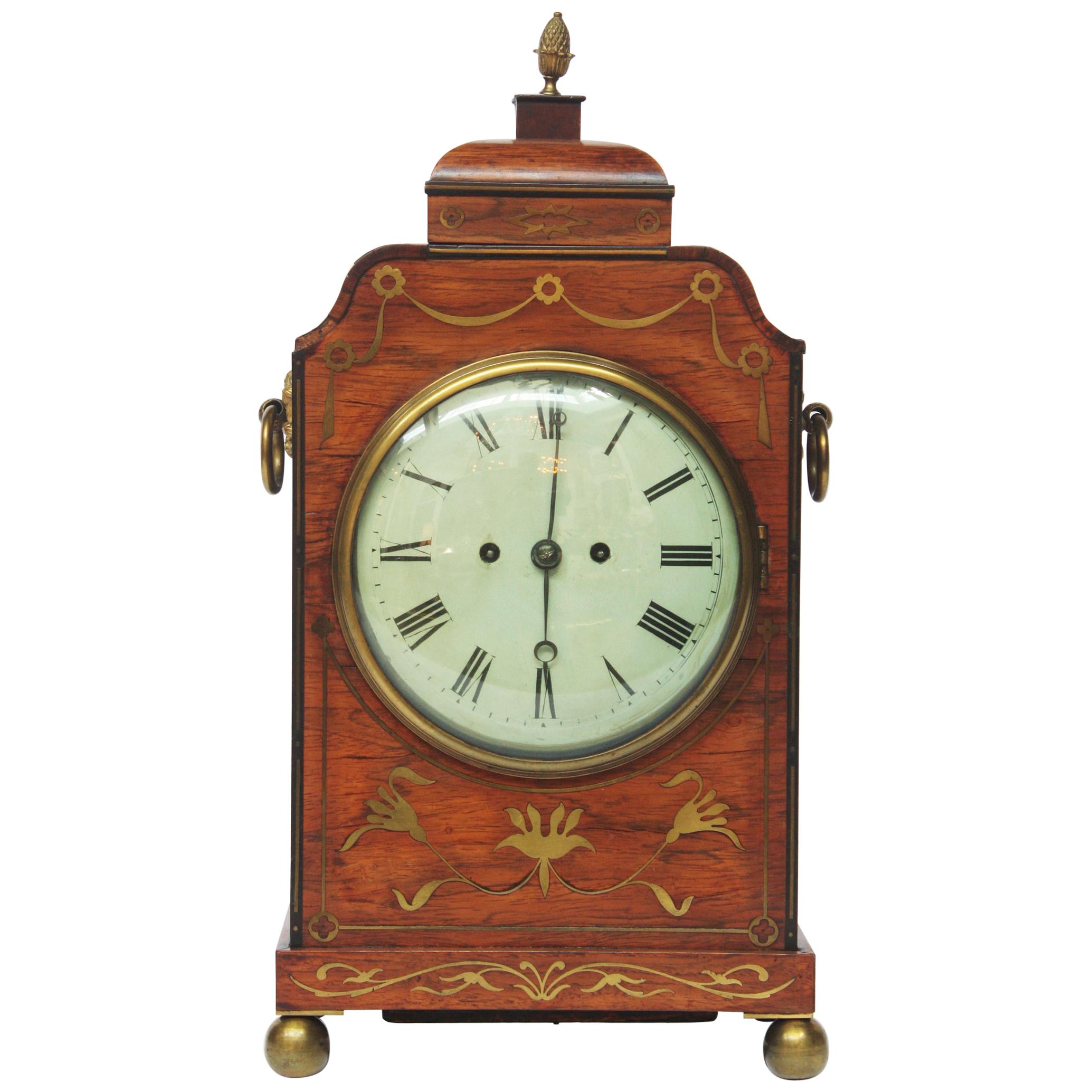 English Regency Rosewood Bracket Clock with Brass Inlay