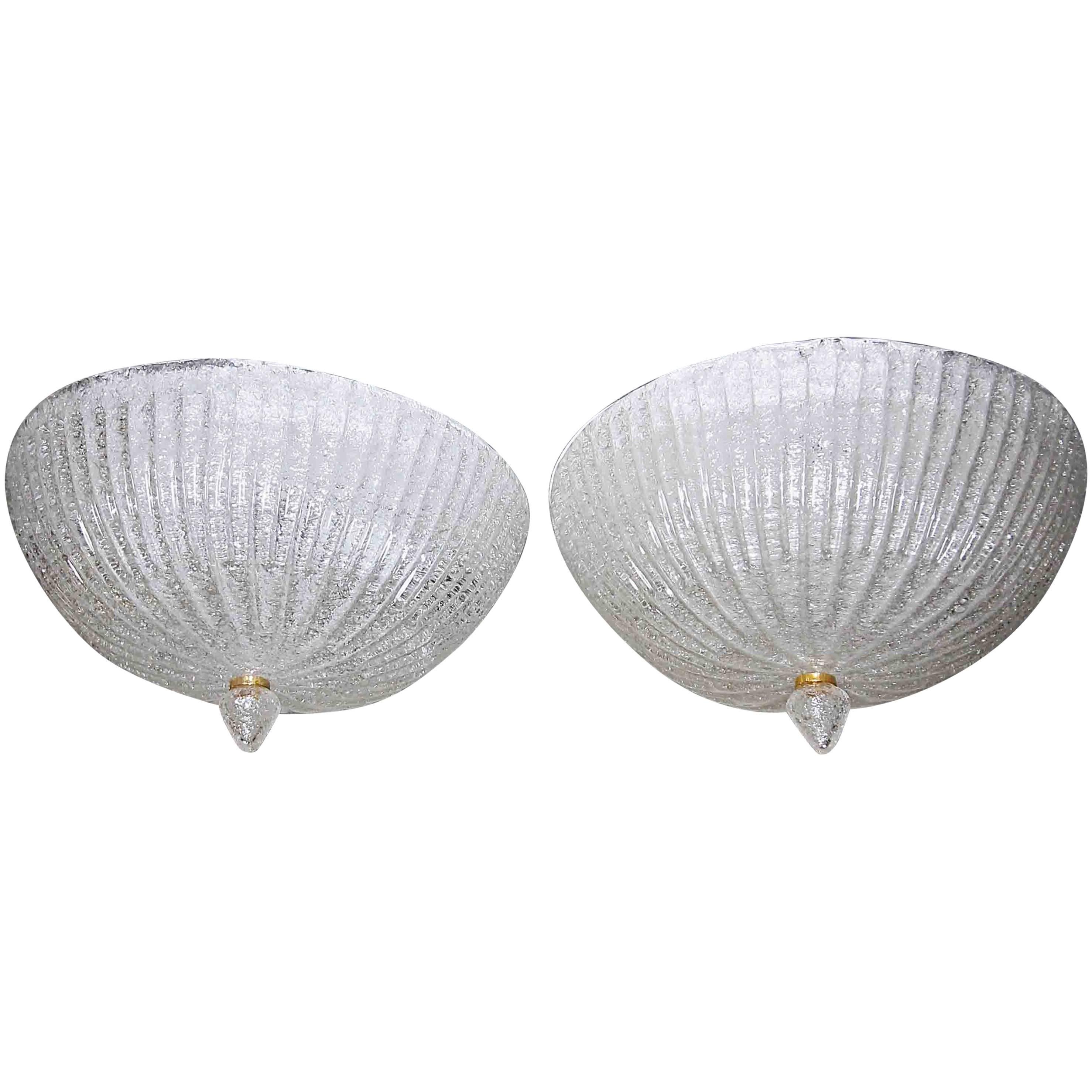 Pair of Murano Rugiadoso Clear Glass Flush Mount Ceiling Lights For Sale
