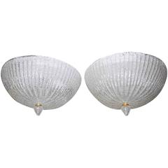 Pair of Murano Rugiadoso Clear Glass Flush Mount Ceiling Lights