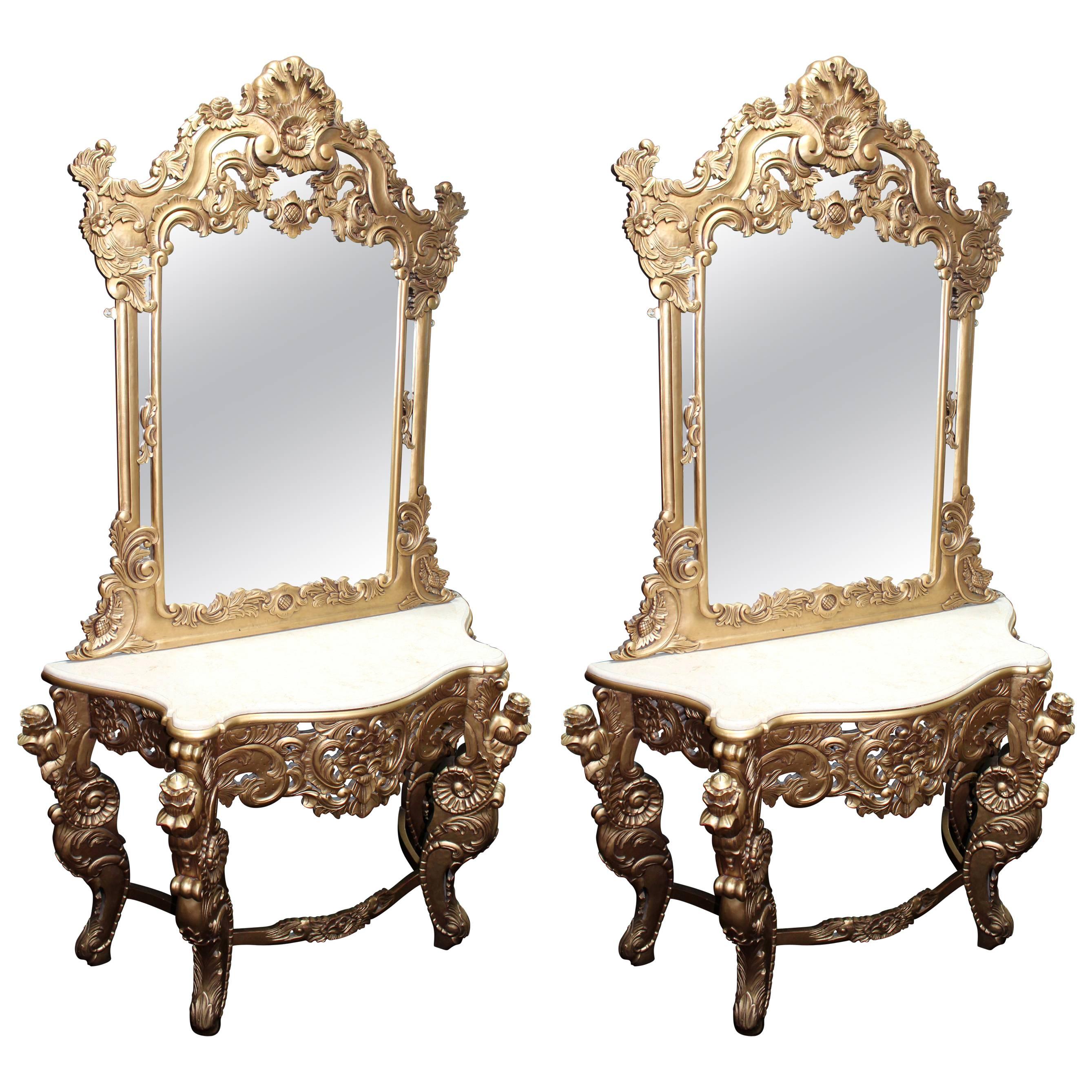 Pair of Carved Giltwood Marble-Topped Console Tables with Mirrors