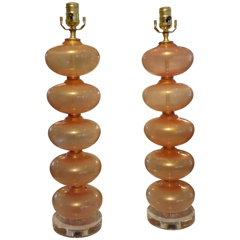 Tall Pair Of Yellow Murano Glass Lamps On Lucite Bases At 1stdibs Pair Of Italian Murano Glass Lamps Peach Infused With Gold By Balboa