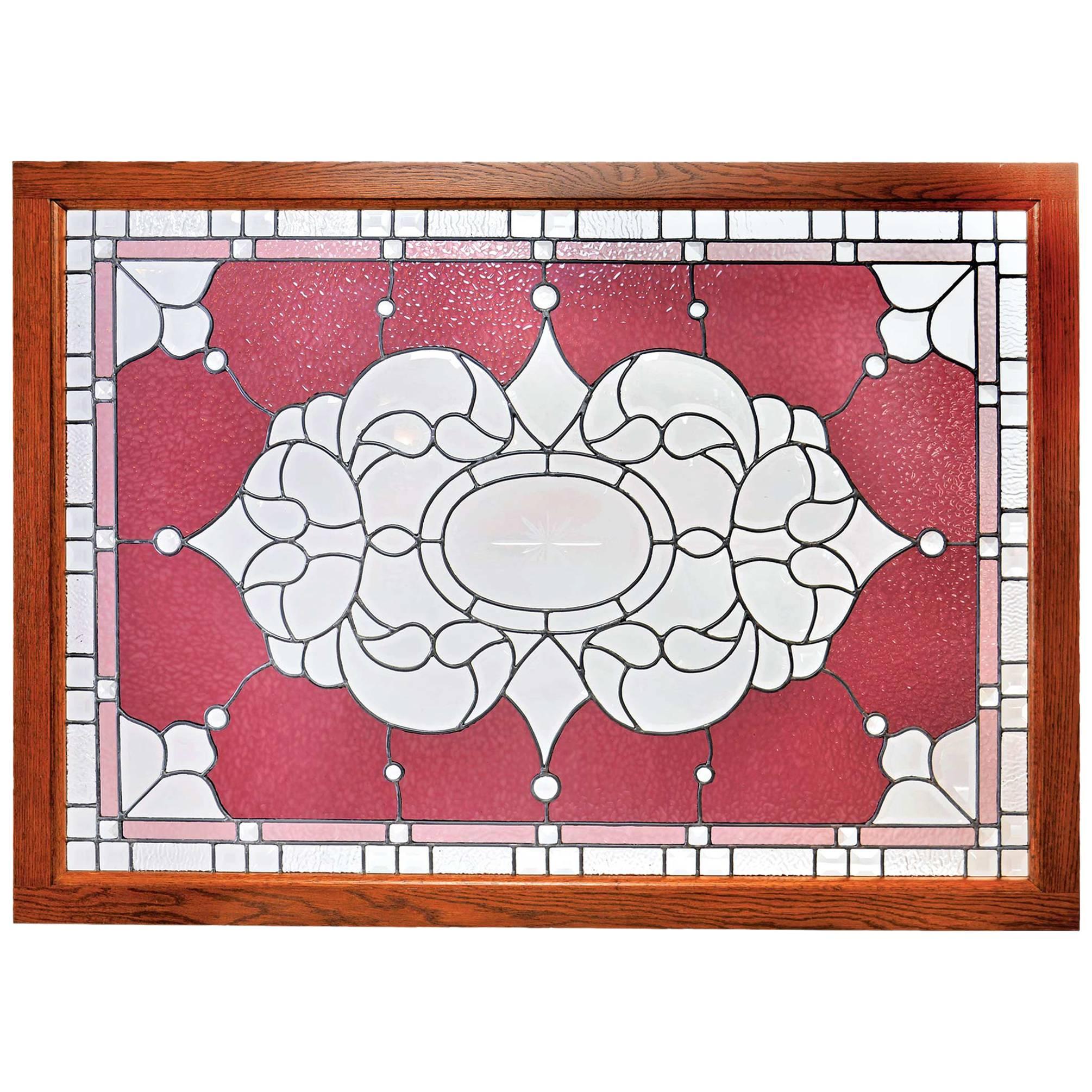 Large Victorian Landing Window with Cranberry Rippled Glass and Zippercut Center