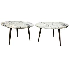 Pair of Figured Italian Marble Tripod Tables with Spun Brass Legs