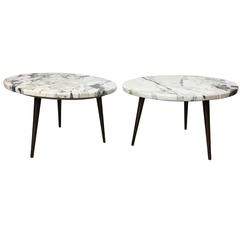 Pair of Figured Italian Marble Tripod Tables with Spun Brass Legs Pair of Figured Italian Marble Tripod Tables with Spun Brass Legs