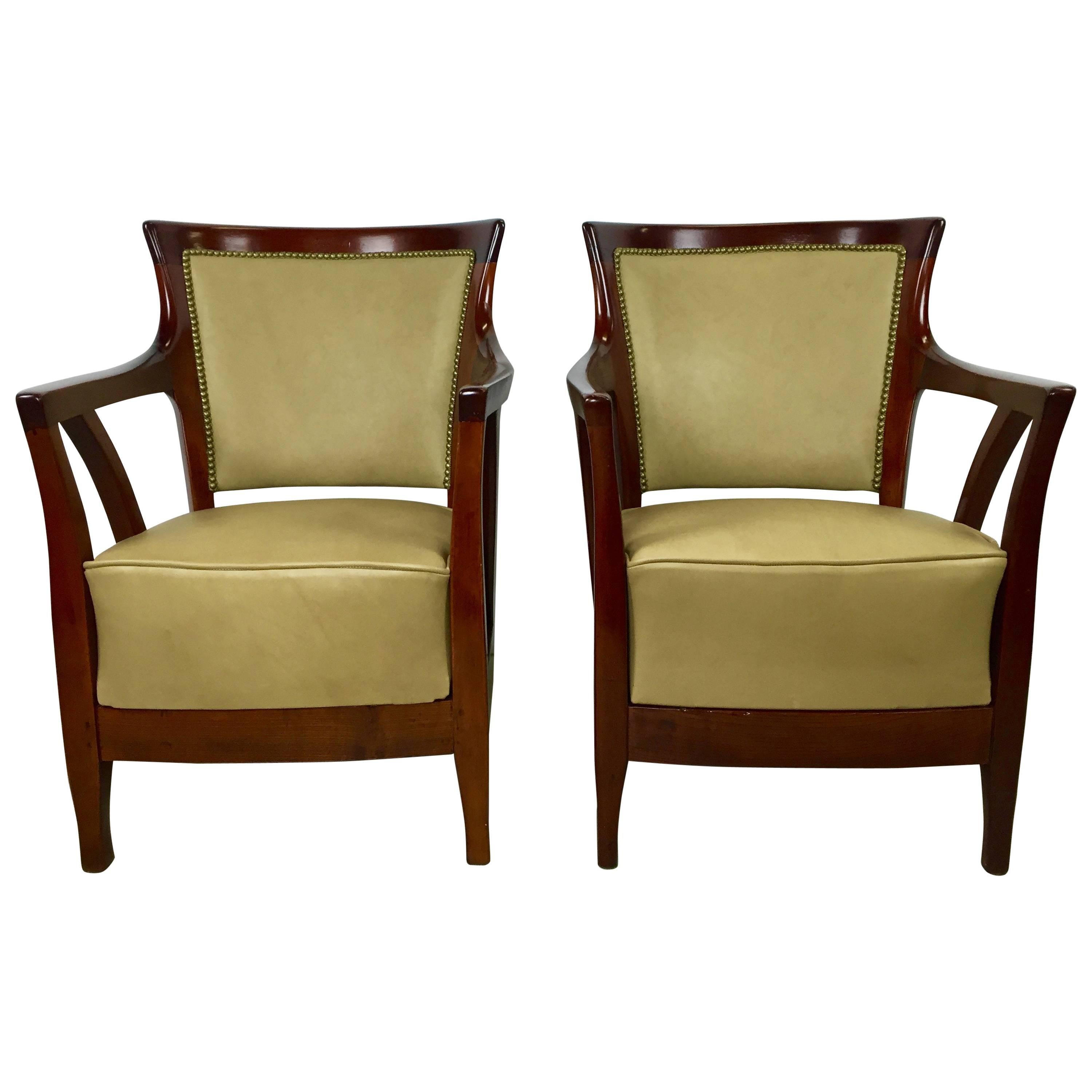 Pair of Walnut and Leather Vienna Secessionist Club Chairs