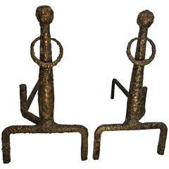 Exceptional Rare Pair of Sculpted Bronze Andirons in the Manner of Giacometti