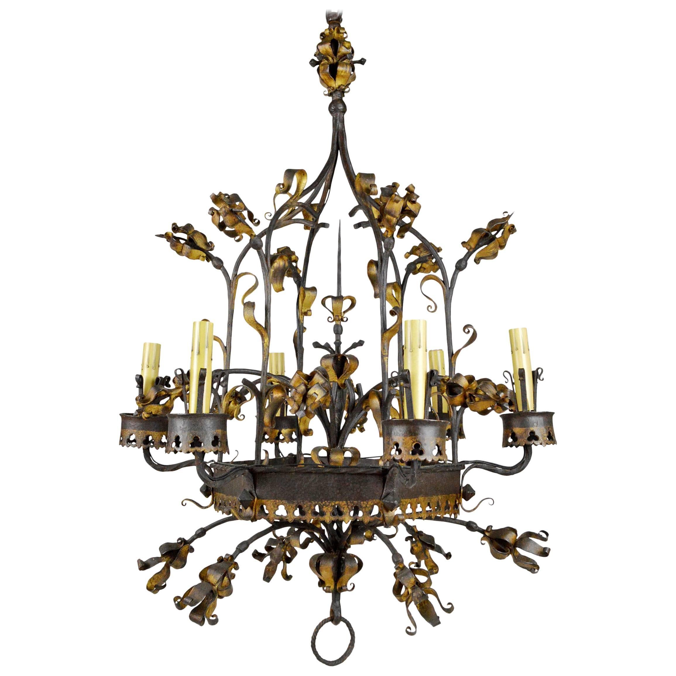 French Renaissance Style Wrought Iron and Gilt Six-Light Chandelier For Sale