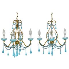 Pair of Mid-Century Gilt Iron and Blue Opaline Glass Four-Light Chandeliers