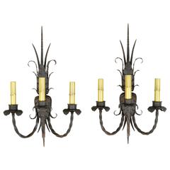 Pair of Wrought Iron Three-Light Wall Sconces
