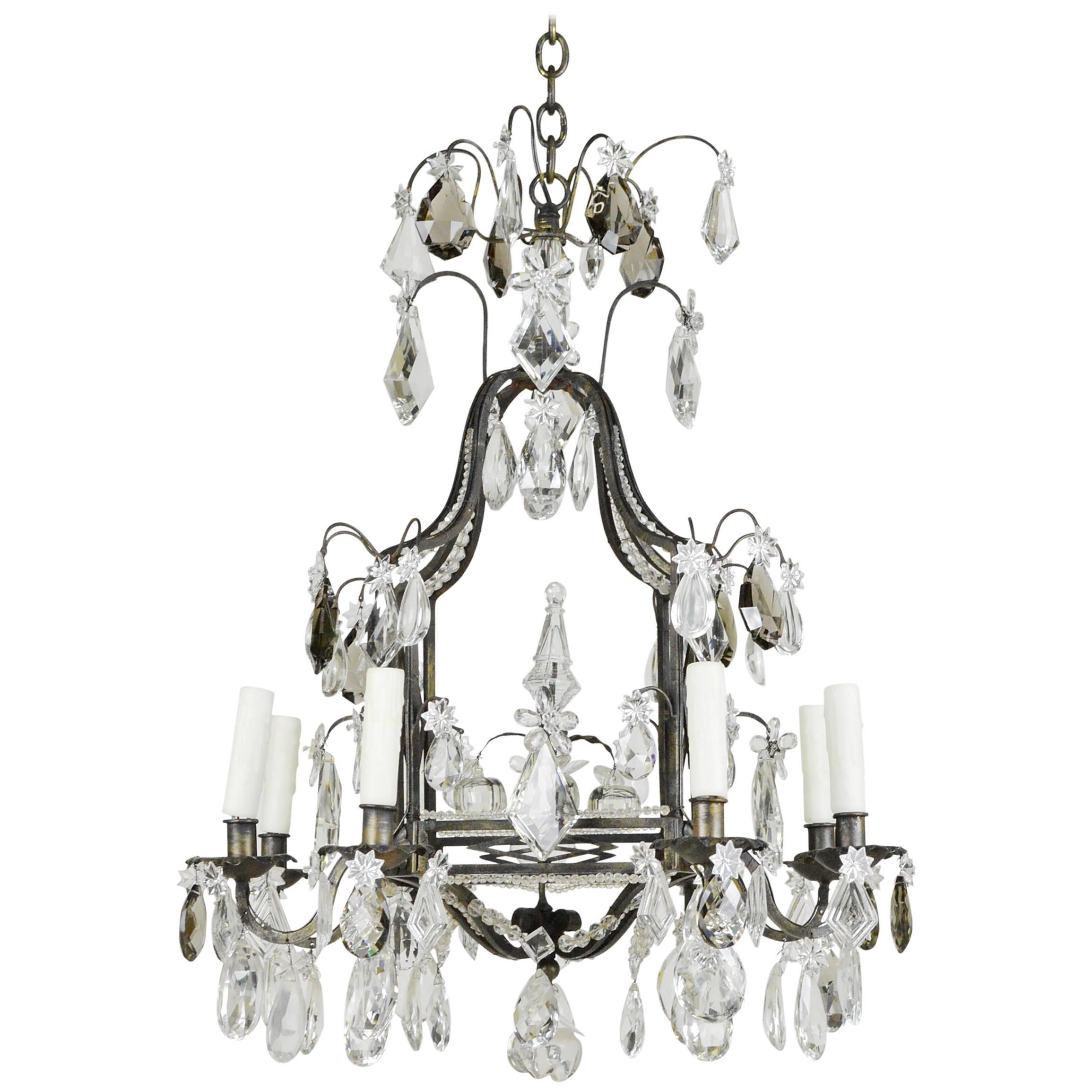 Fine French Iron and Crystal Eight-Light Cage Form Chandelier For Sale