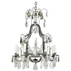 Fine French Iron and Crystal Eight-Light Cage Form Chandelier
