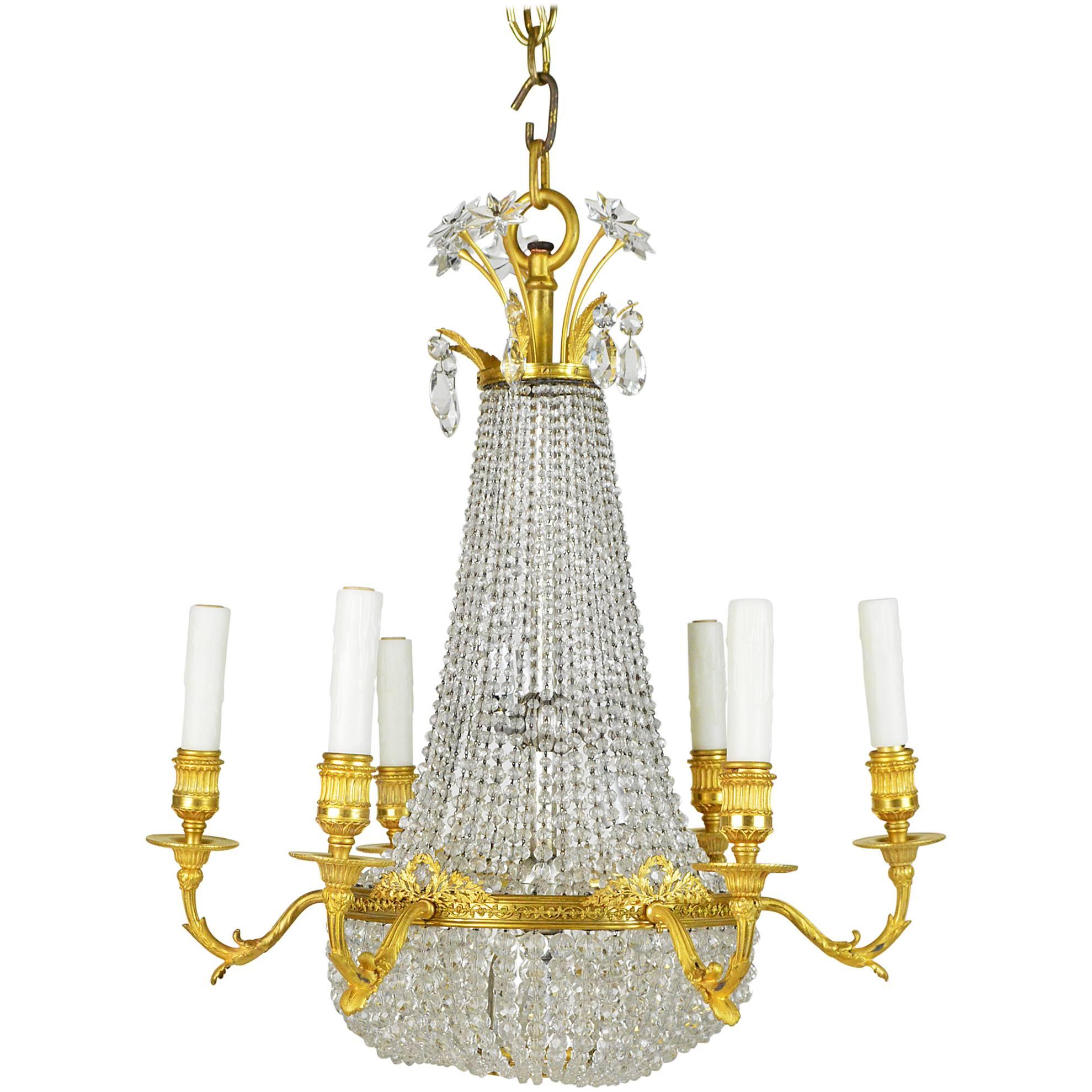 French Empire Style Gilt Bronze and Beaded Six-Light Chandelier For Sale