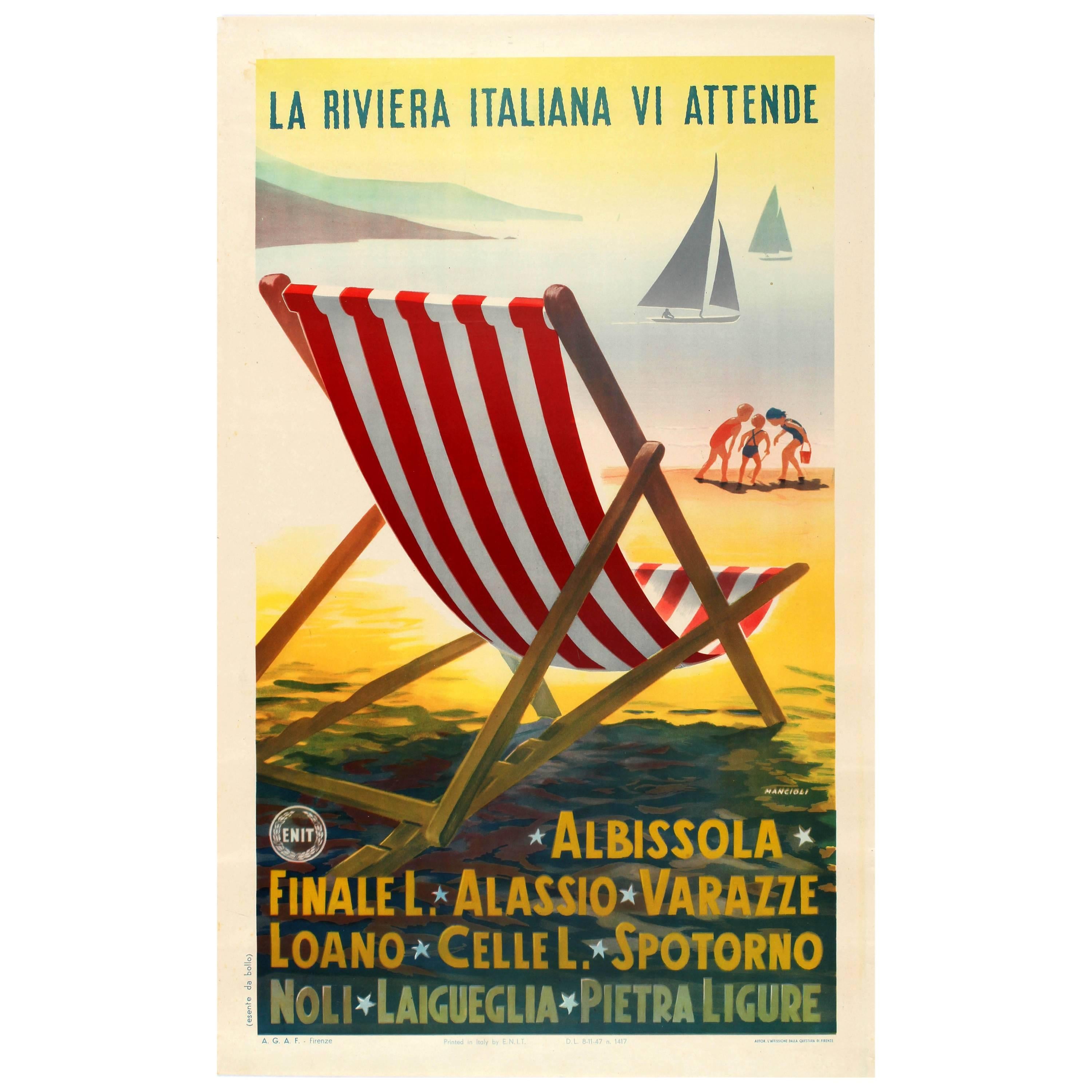 Original Vintage ENIT Travel Advertising Poster, the Italian Riviera Awaits You