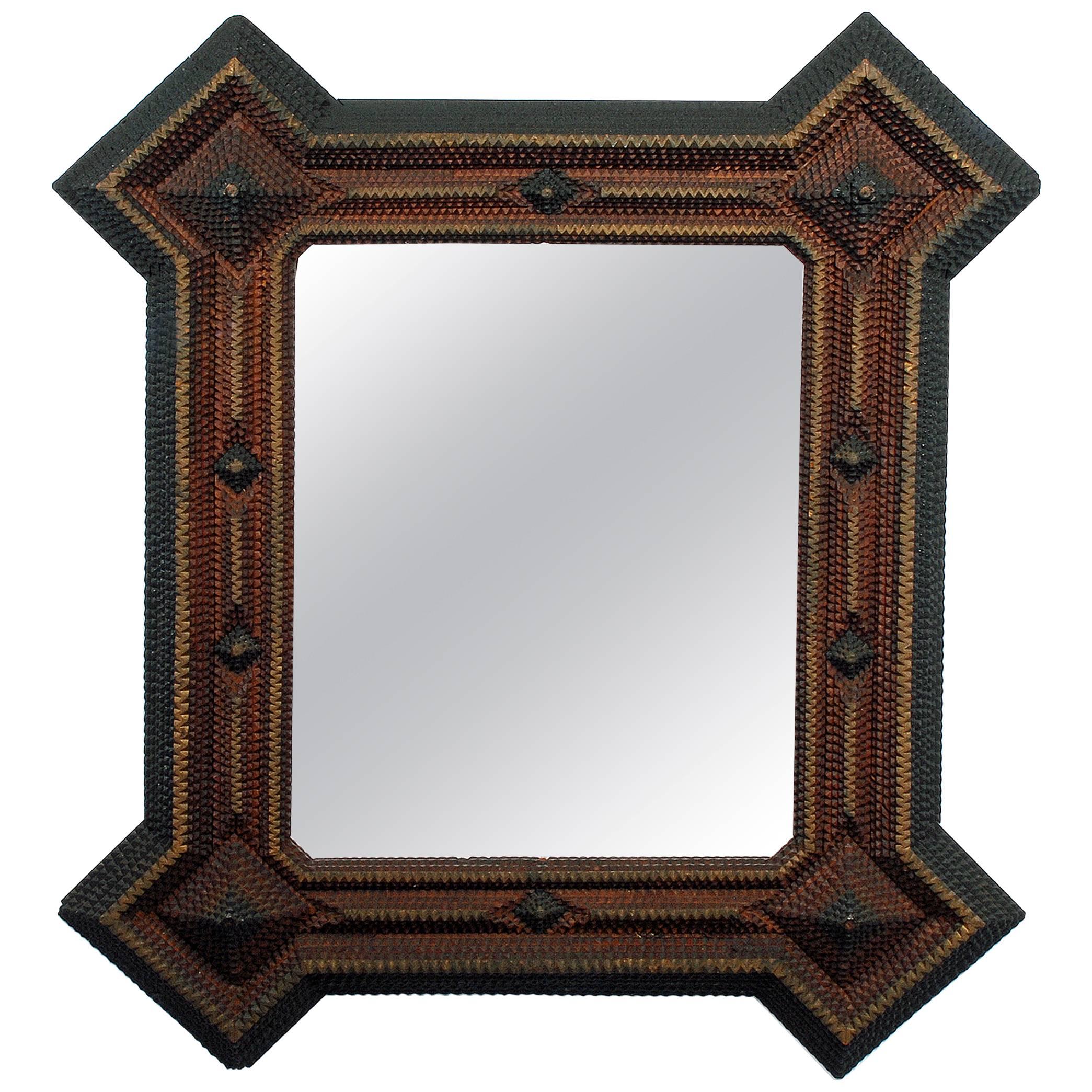 Large Three Color Tramp Art Mirror For Sale