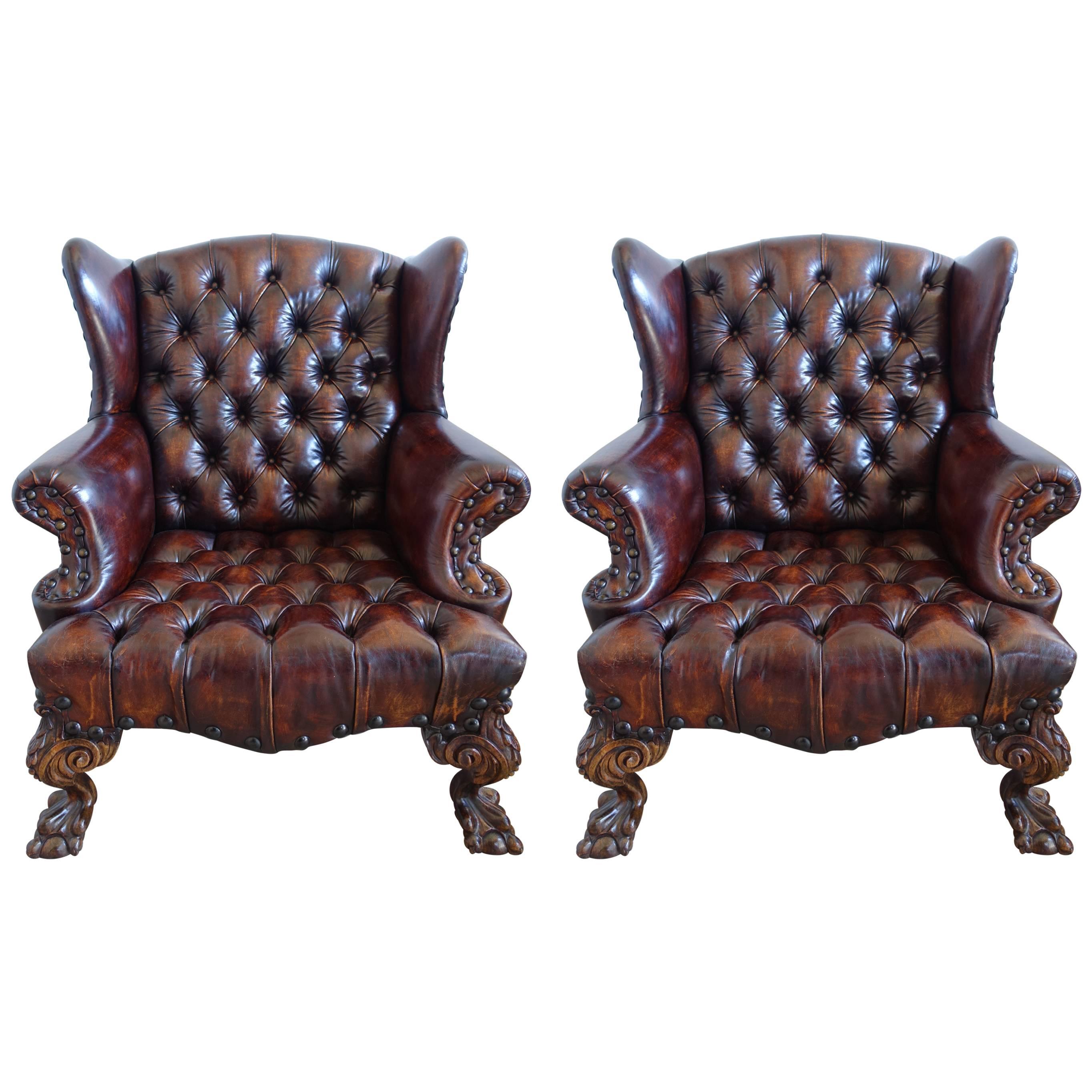 Pair of English Chippendale Style Wingback Armchairs