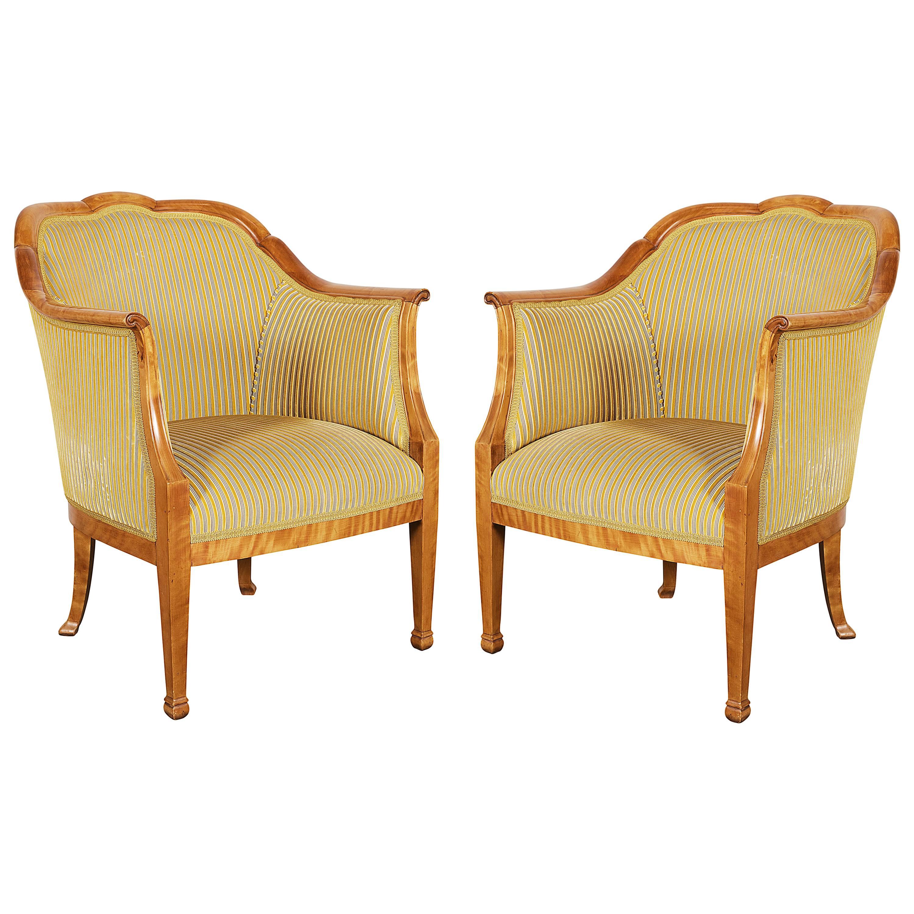 Pair of Swedish Biedermeier Birch Bergere Armchairs