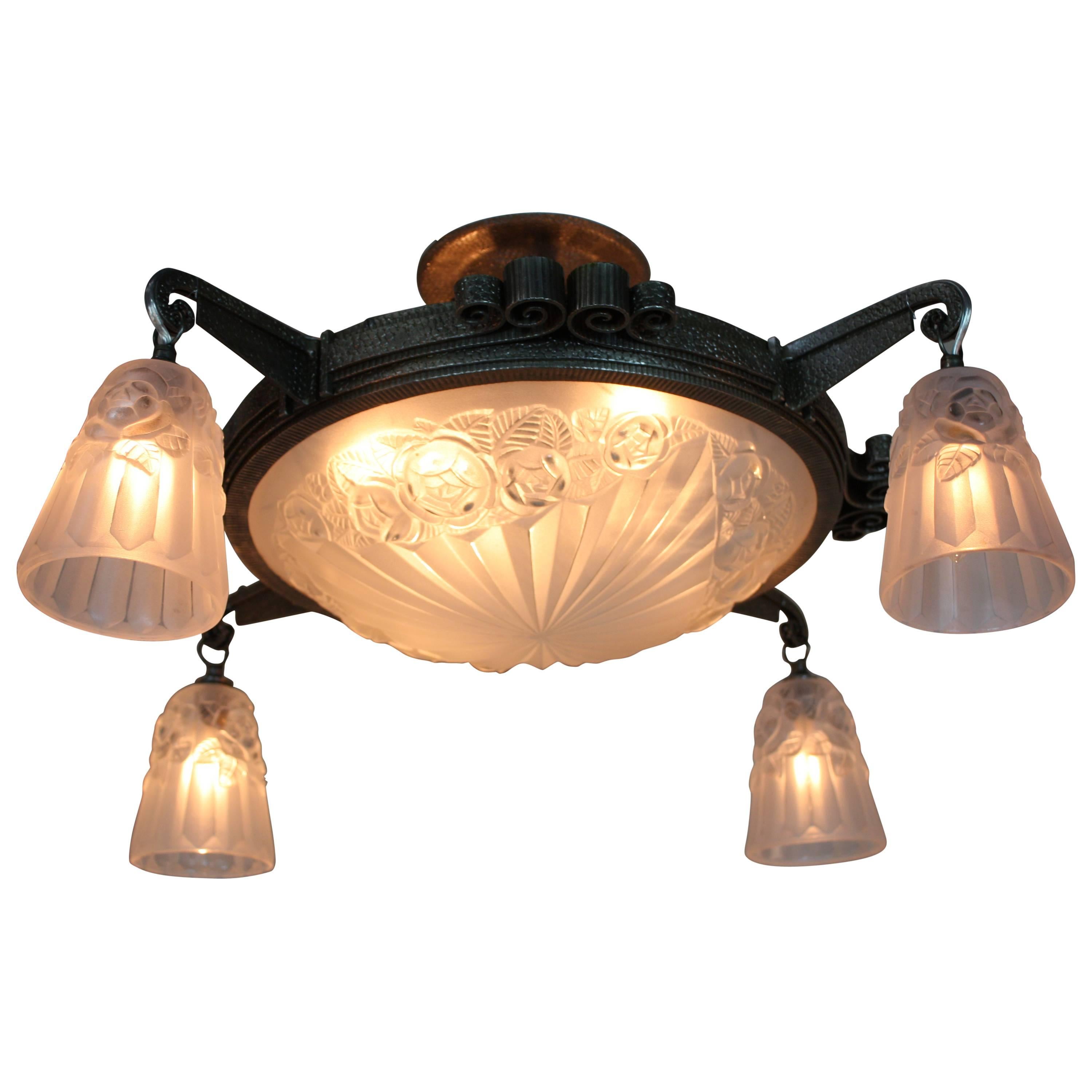 French Art Deco Flush Mount Chandelier by Degue