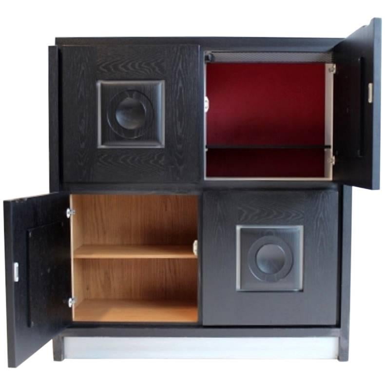 Brutalist Black Ebonized Bar Cabinet with Graphic Doors, Belgium