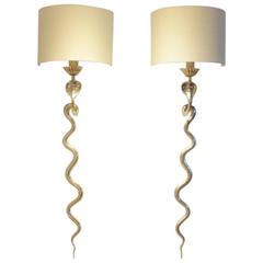 Two French Design Maison Jansen Style Cobra Silver Gilded Brass Wall Sconces