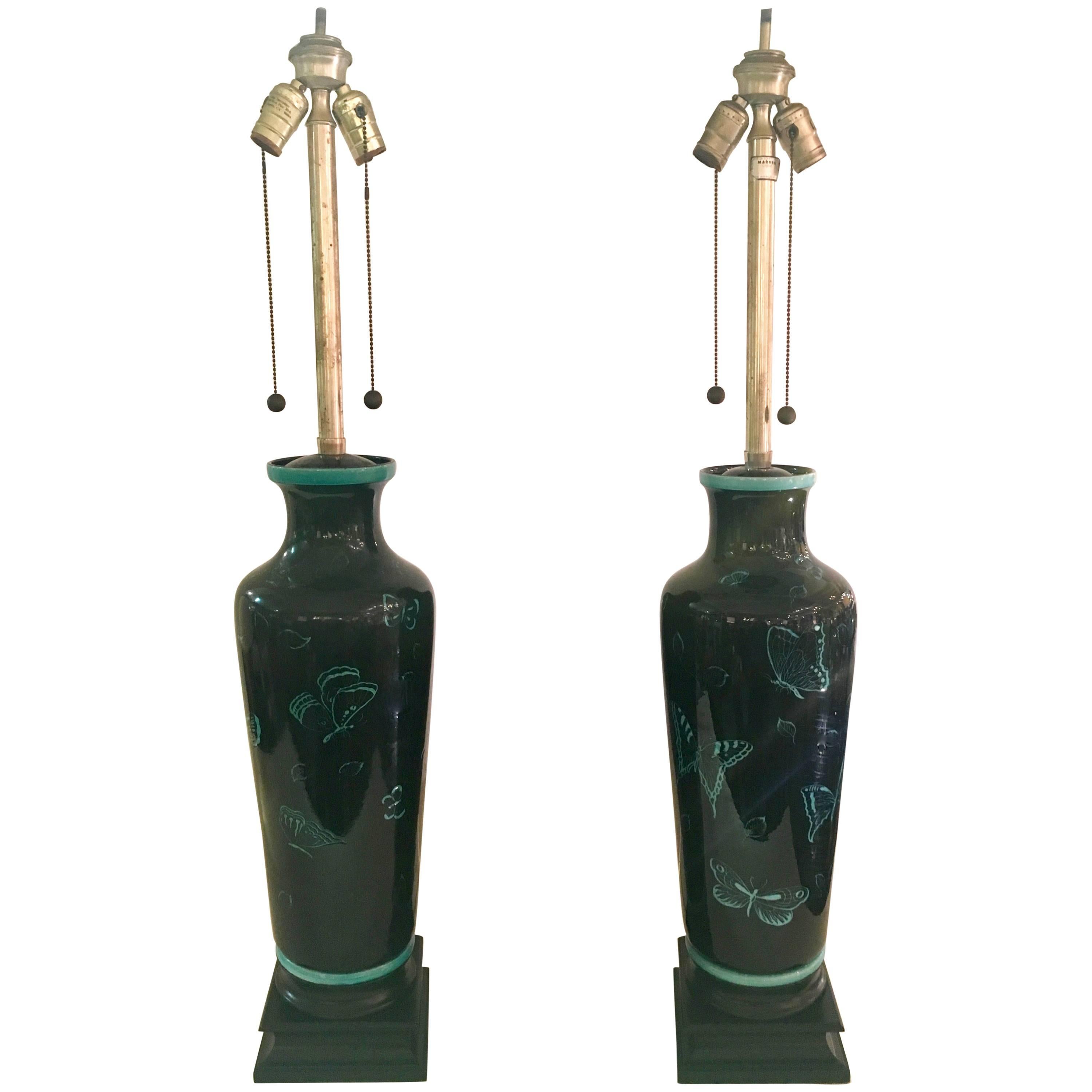 Pair of Japanese Black Mirror Glazed Lamps by Marbro